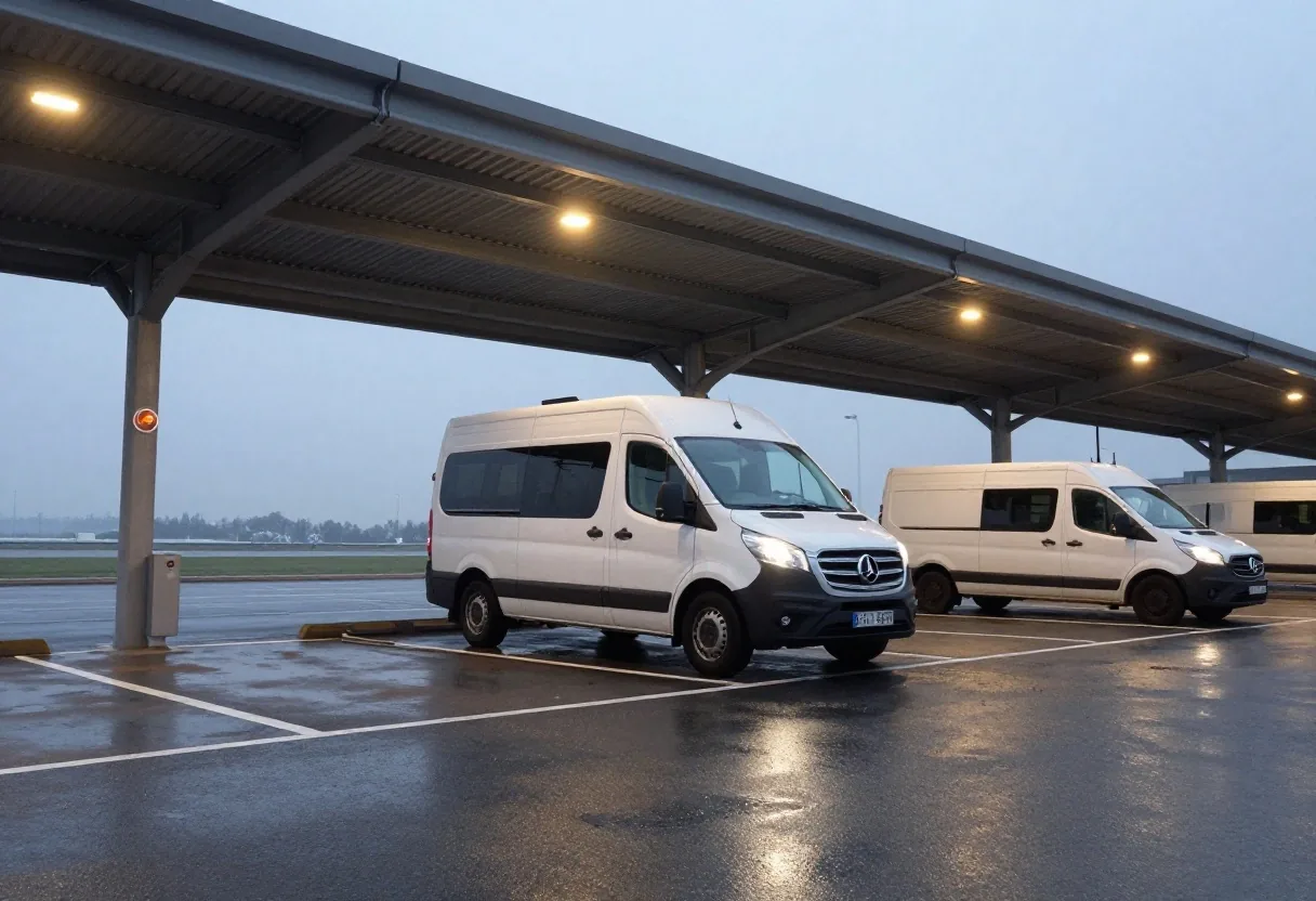 Airport courtesy transfer shuttle bus parked at passenger boarding shelter