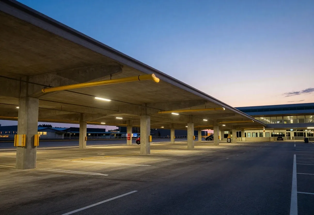 Car park entry boom gate and vehicle height clearance gantry