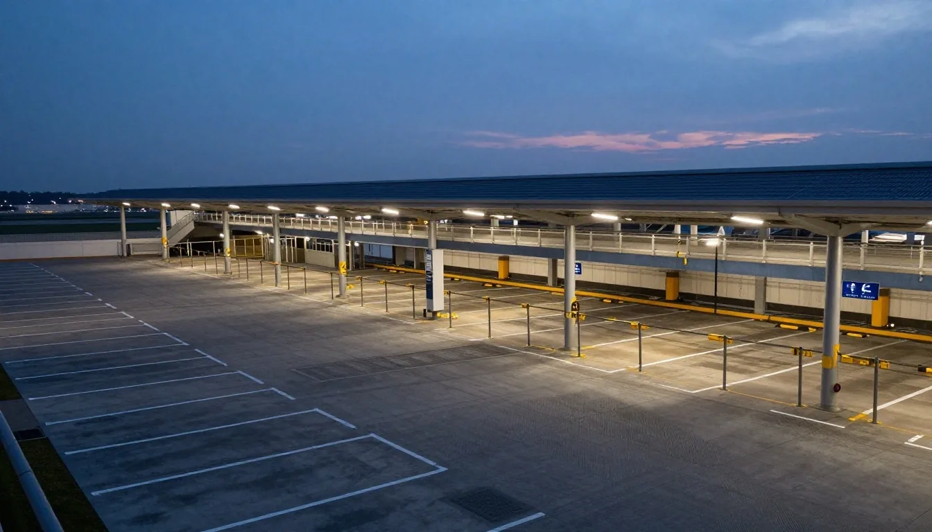 Melbourne Airport Terminal 4 multi-deck parking structure and roadway ramps at dusk