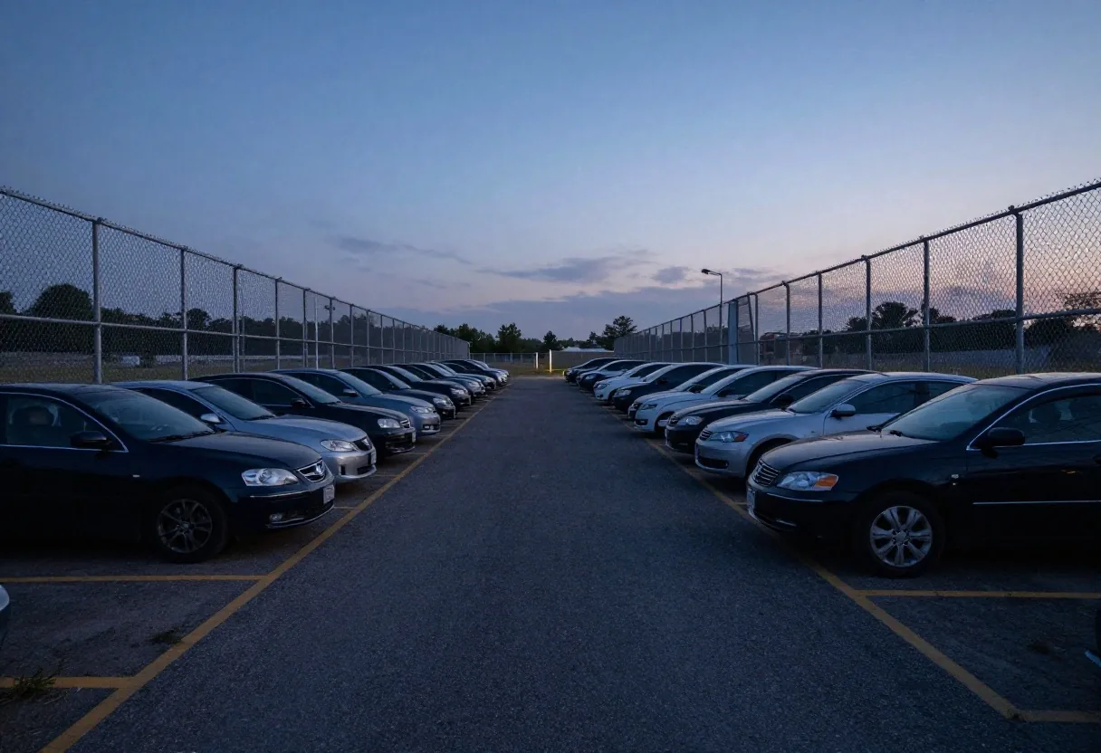 Off-airport private car storage compound with perimeter lighting and vehicle bays