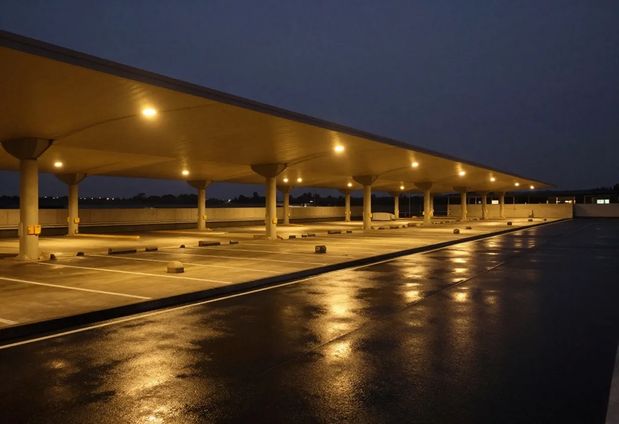 Melbourne Airport terminal roadway signage and tarmac infrastructure at dusk