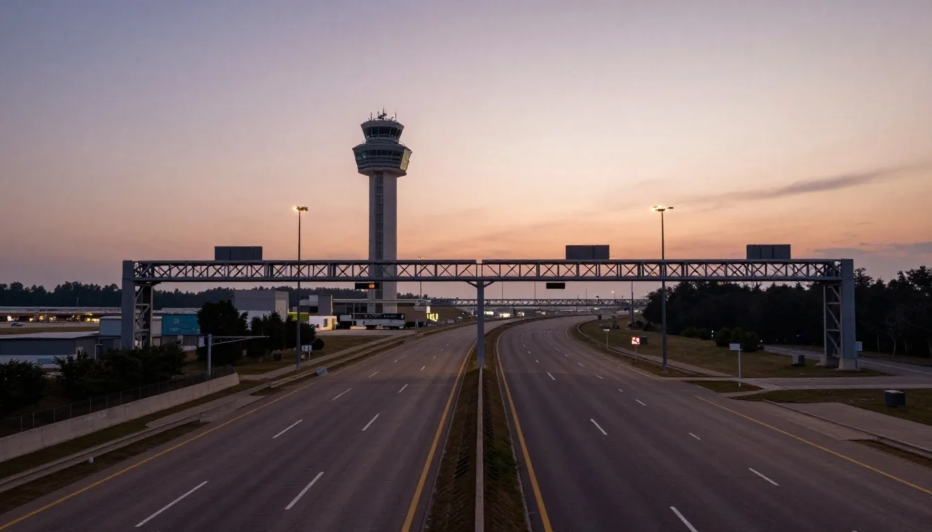 Multi-lane freeway gantry signs guiding vehicles to airport terminals