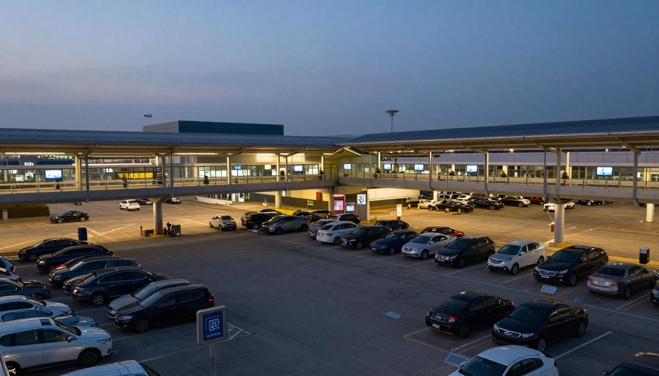 Melbourne Airport terminal multi-deck parking structures at twilight