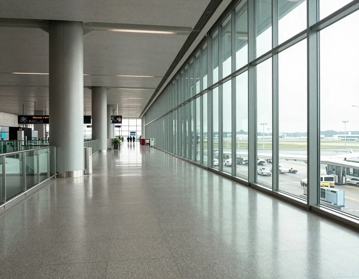 Enclosed pedestrian skybridge connecting parking to Melbourne Airport departure halls