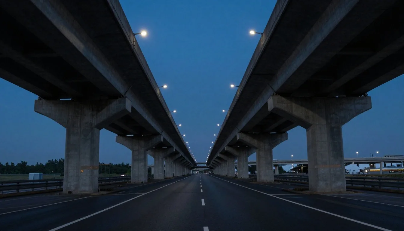 Elevated roadway and signage conduits approaching Melbourne Airport at dusk