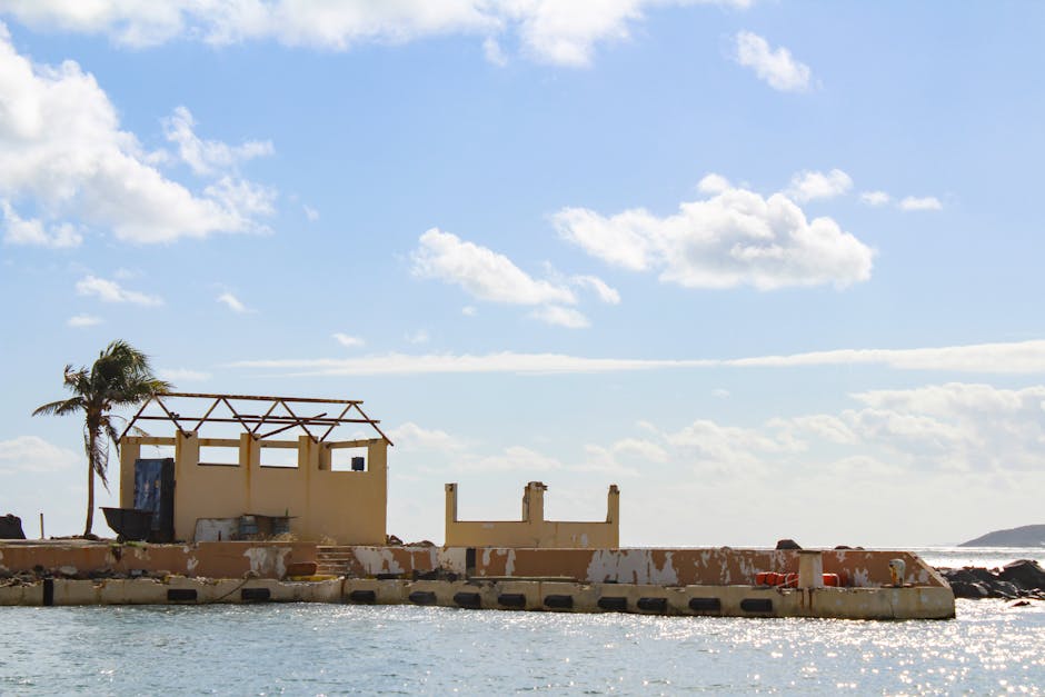 Dilapidated waterfront structure in Fajardo, Puerto Rico, post-hurricane.